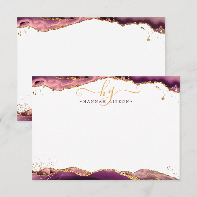 Burgundy Agate Geode Monogram-skript Guld Glitter Anteckningskort (Fram/baksida)