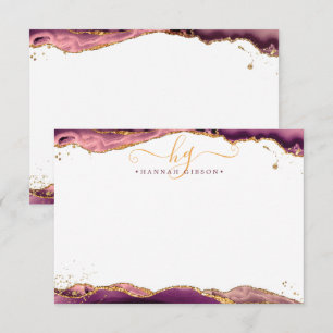 Burgundy Agate Geode Monogram-skript Guld Glitter Anteckningskort