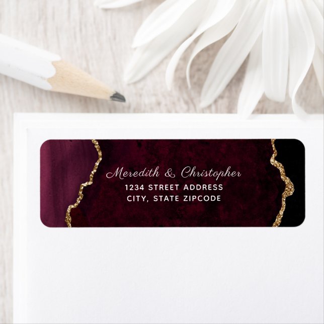 Burgundy Agate Guld Glitter Bröllop Returadress Returadress Etikett (Insitu)
