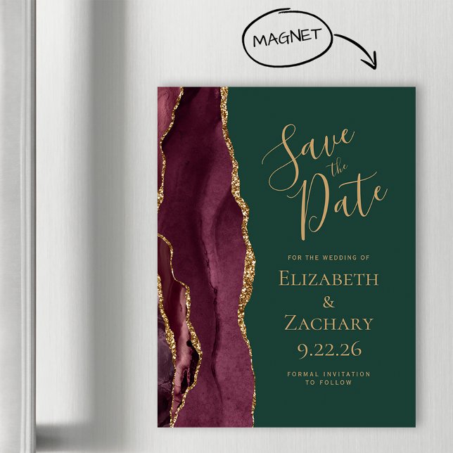 Burgundy Agate Guld Grön Magnetisk Save the Date (Skapare uppladdad)