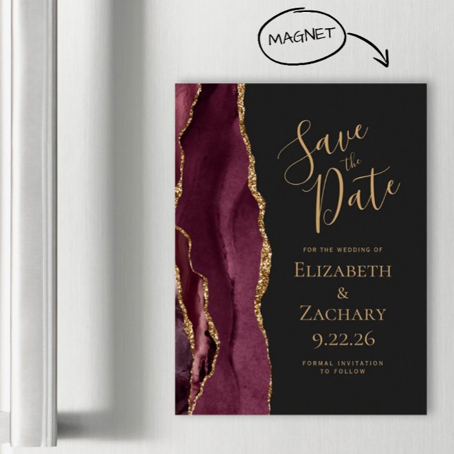 Burgundy Agate Guld Mörk Magnetisk Save the Date (Skapare uppladdad)