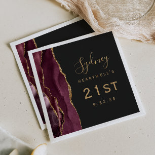 Burgundy Agate Guld Skrift Mörk 21-årsdag Pappersservett