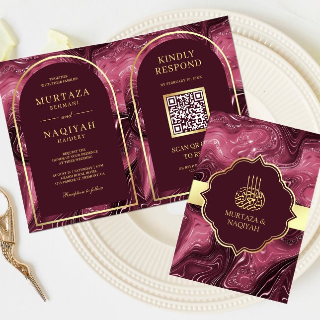 Burgundy Agate Marble QR-kod Muslimsk Bröllop Inbjudan (Skapare uppladdad)