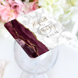 Burgundy Agate Marmor Guld Script Bröllop Underlägg Papper Kvadrat