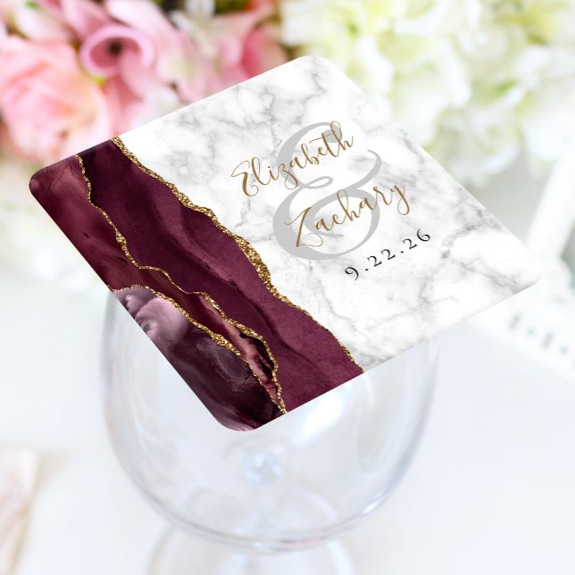 Burgundy Agate Marmor Guld Script Bröllop Underlägg Papper Kvadrat (Skapare uppladdad)