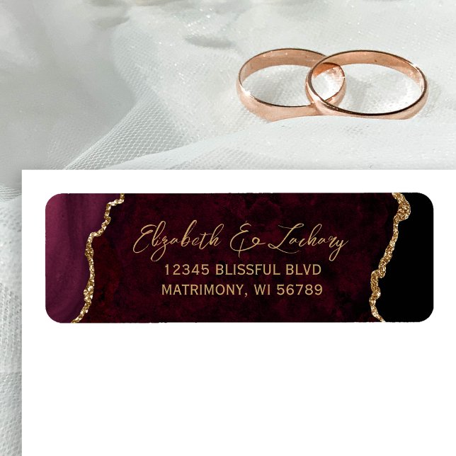 Burgundy Agate Script Bröllopsreturadress Returadress Etikett (Skapare uppladdad)
