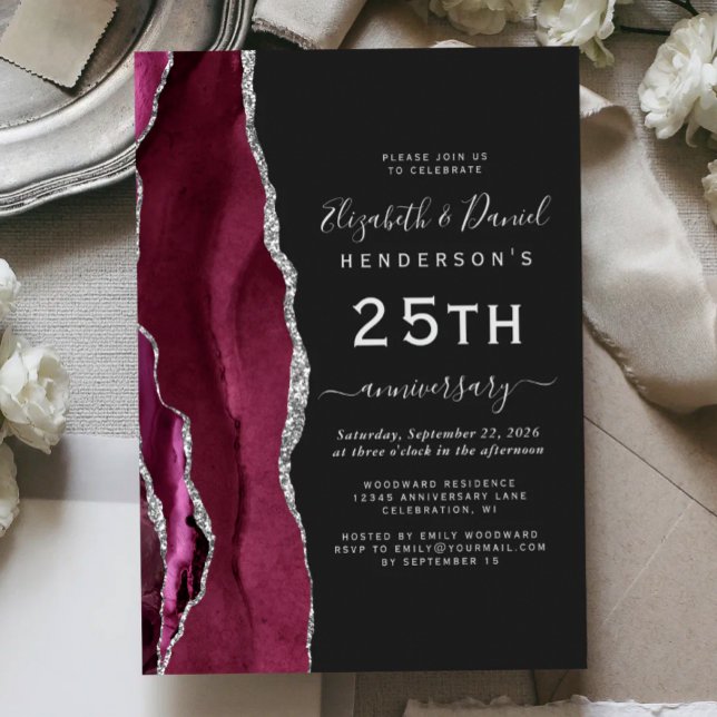 Burgundy Agate Silver Mörk 25-årsjubileum Inbjudningar (Skapare uppladdad)