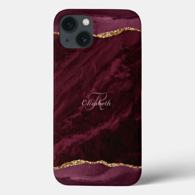 Burgundy Agate Vattenfärg Guld Monogram  (Baksida)