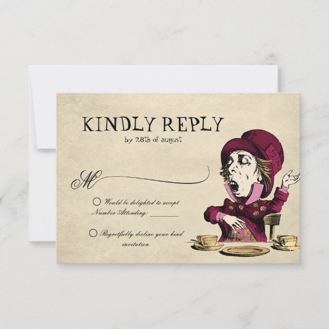 Burgundy Alice i Wonderland Mad Hatter Bröllop OSA Kort (Framsida)