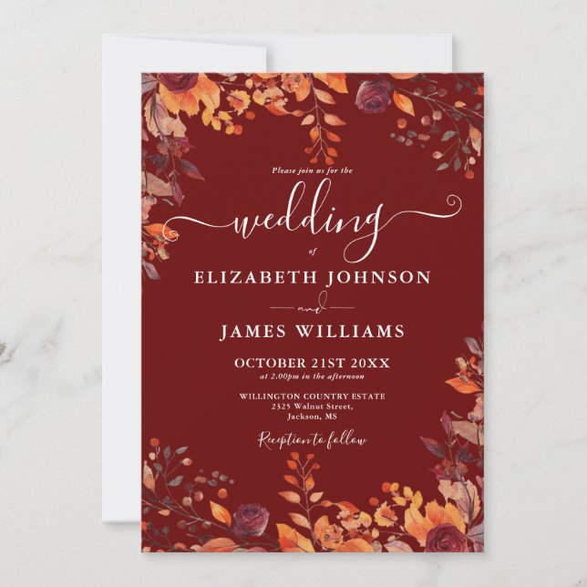 Burgundy All In One Autumn Fall Floral Wedding Inbjudningar (Framsida)