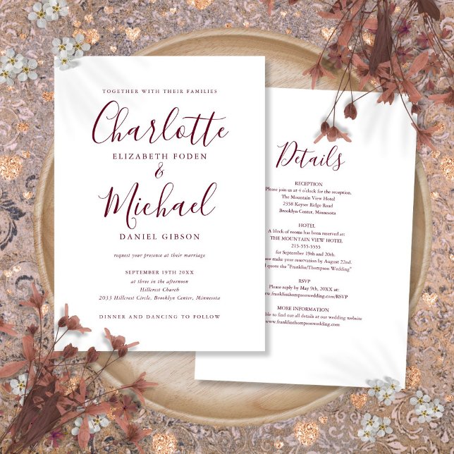 Burgundy allt i ett enkelt Elegant bröllop Inbjudningar (Burgundy All In One Simple Elegant Wedding Invitation)
