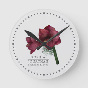 Burgundy Amaryllis Blommigt Bride Groom Keepsaké Rund Klocka