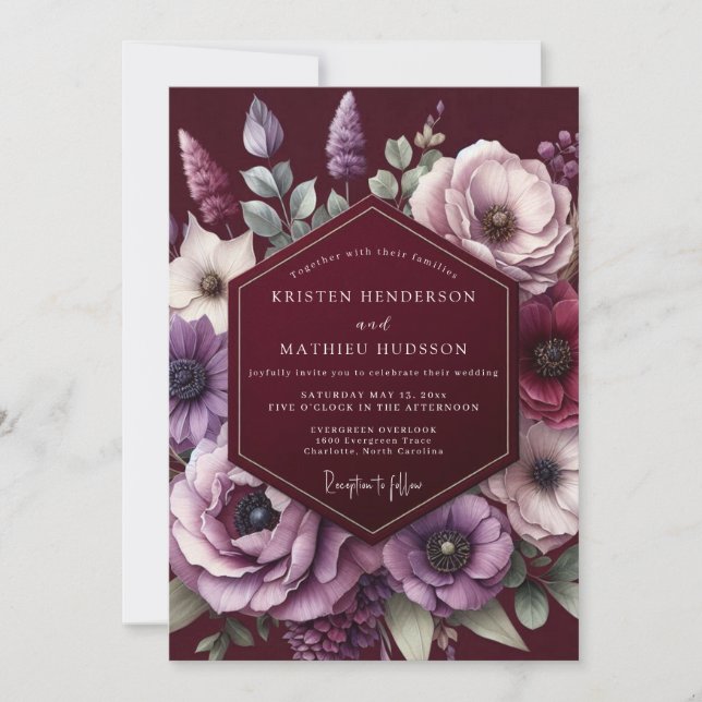 Burgundy Amethyst Bloom Wedding Inbjudningar (Framsida)