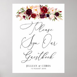 burgundy and blush floral guestbook sign poster