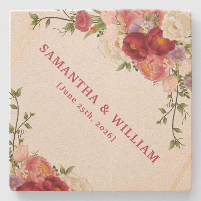 Burgundy and Blush Floral Peony Wedding Stenunderlägg (Framsidan)