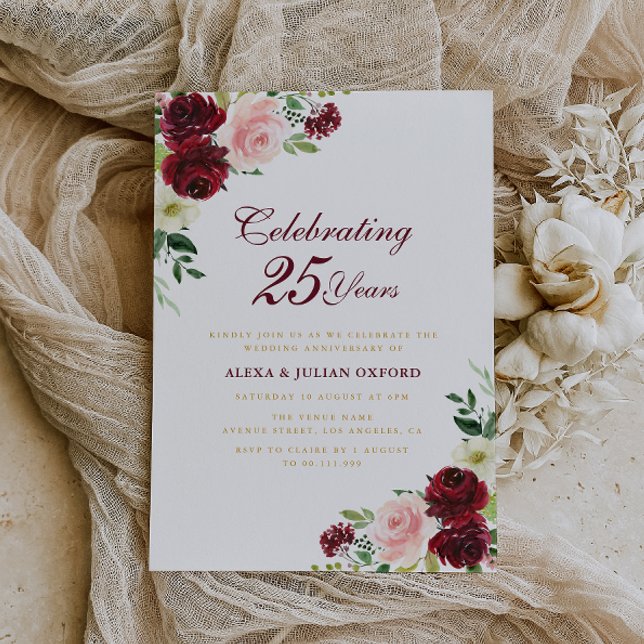 burgundy and blush floral wedding anniversary inbjudningar (Skapare uppladdad)