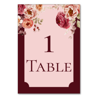 Burgundy and Blush Pink Floral Table Number Card Bordsnummer