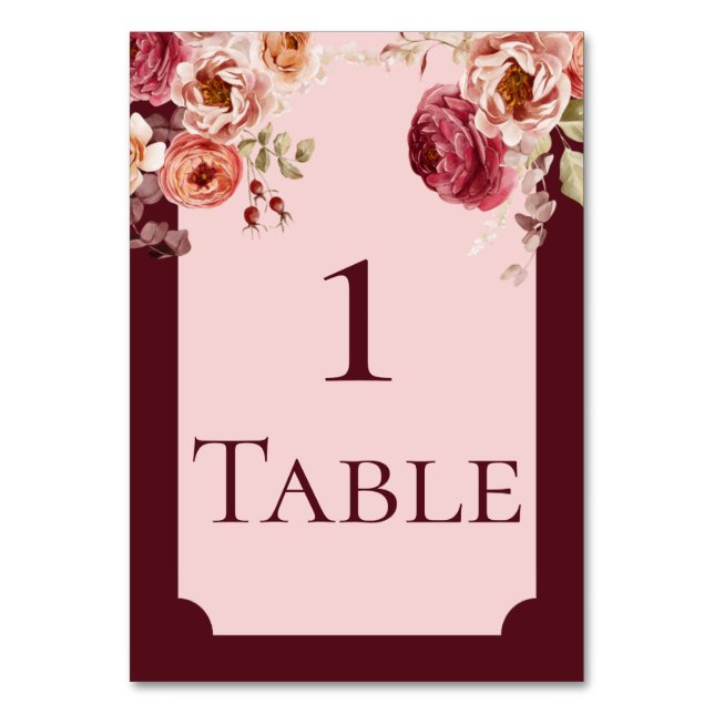 Burgundy and Blush Pink Floral Table Number Card Bordsnummer (Framsidan)