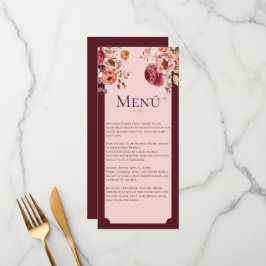 Burgundy and Blush Pink Floral Wedding Menu Card Meny