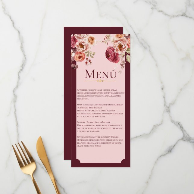 Burgundy and Blush Pink Floral Wedding Menu Card Meny (Fram/Back In Situ)