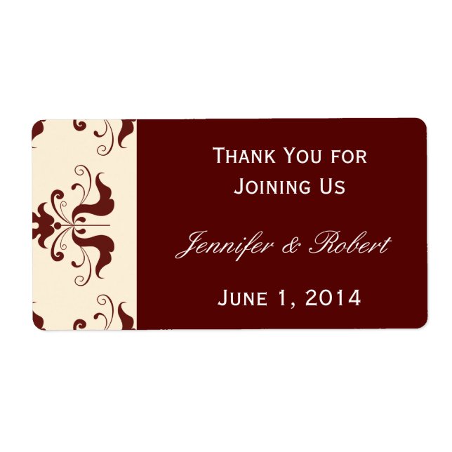 Burgundy and Cream Damask Vattenflaska Label Fraktsedel (Framsidan)