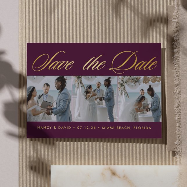 Burgundy And Gold Photo Collage Beach Wedding  Spara Datumet (Skapare uppladdad)
