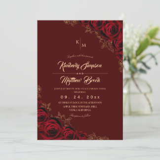 Burgundy and Gold Rose Floral Boho Wedding Invitat Inbjudningar