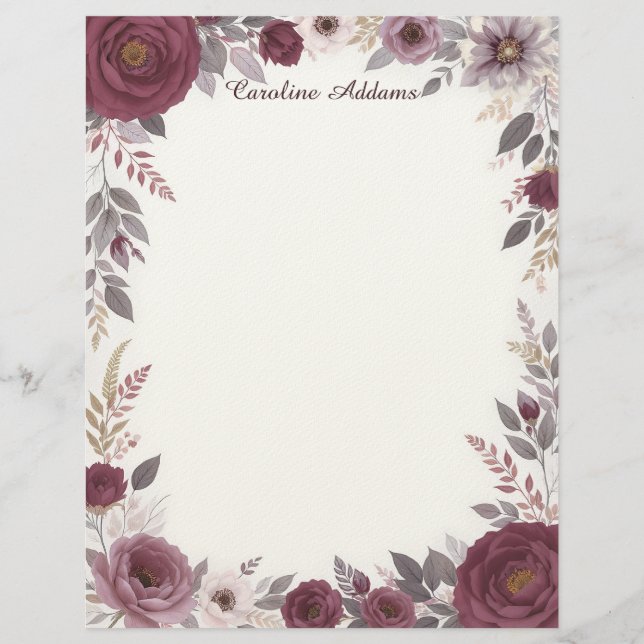 Burgundy and Gray Floral Stationery Paper Brevhuvud (Framsida)