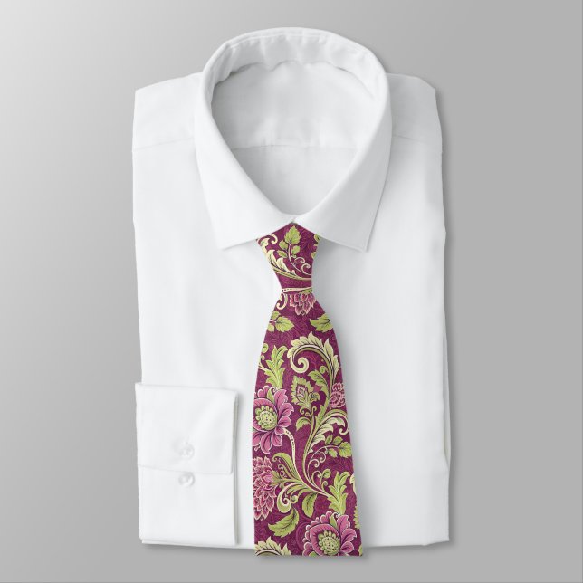 Burgundy and Grönt Blommigt Damask Neck Tie Slips (Bunden)