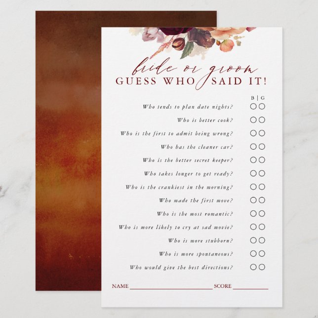 Burgundy and Orange Blommigt Gissa Bride eller Gro (Fram/baksida)