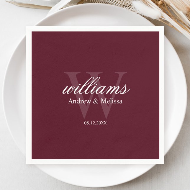 Burgundy and White Monogram Wedding Pappersservett (Skapare uppladdad)