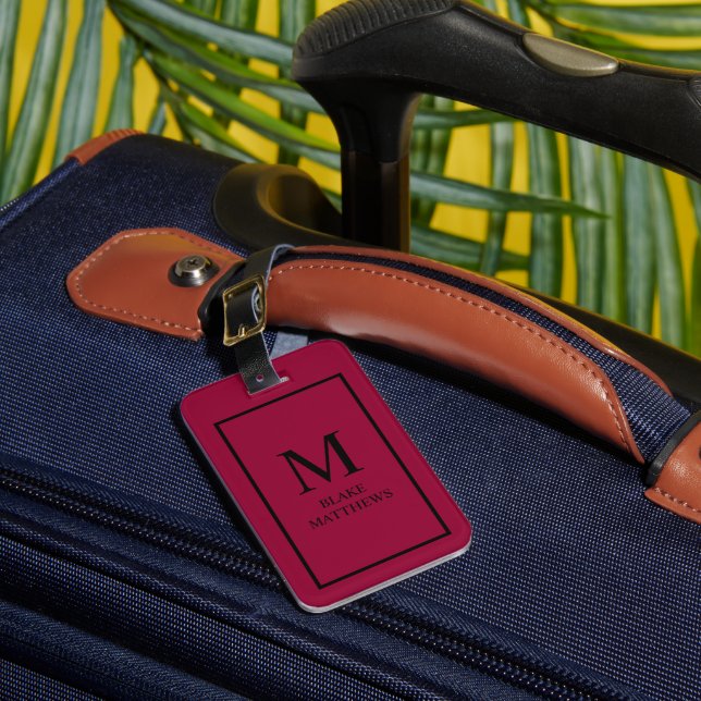 Burgundy Anpassa det svarta monogrammet och Namn Bagagebricka (Framsida Insitu 1)