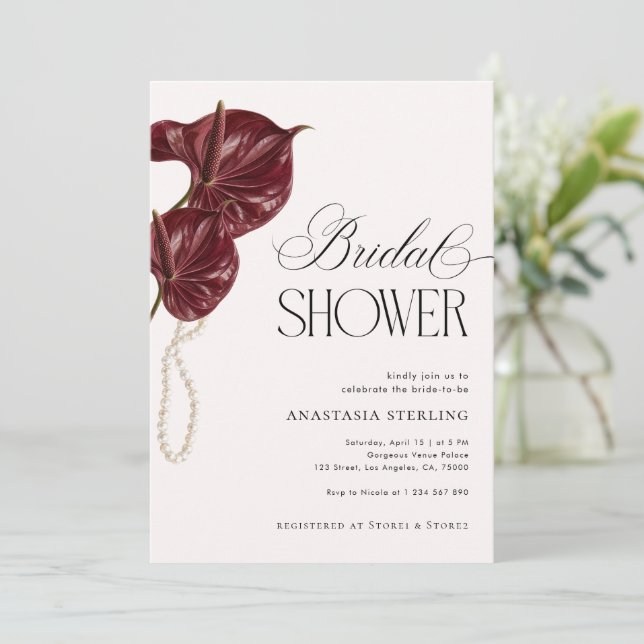 Burgundy Anthuriums & Pärlor Bröllopsdusch  Inbjudningar (Stående Fram)
