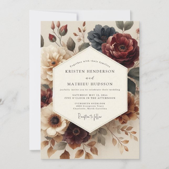 Burgundy Antique Bloom Wedding Inbjudningar (Framsida)