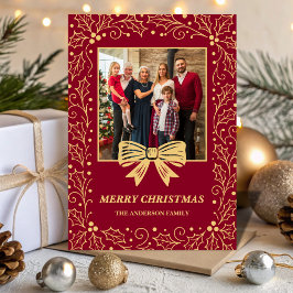 Burgundy & Antique-Gold Bow Family Christmas Photo Julkort