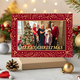 Burgundy & Antique-Gold Family Christmas Photo Julkort