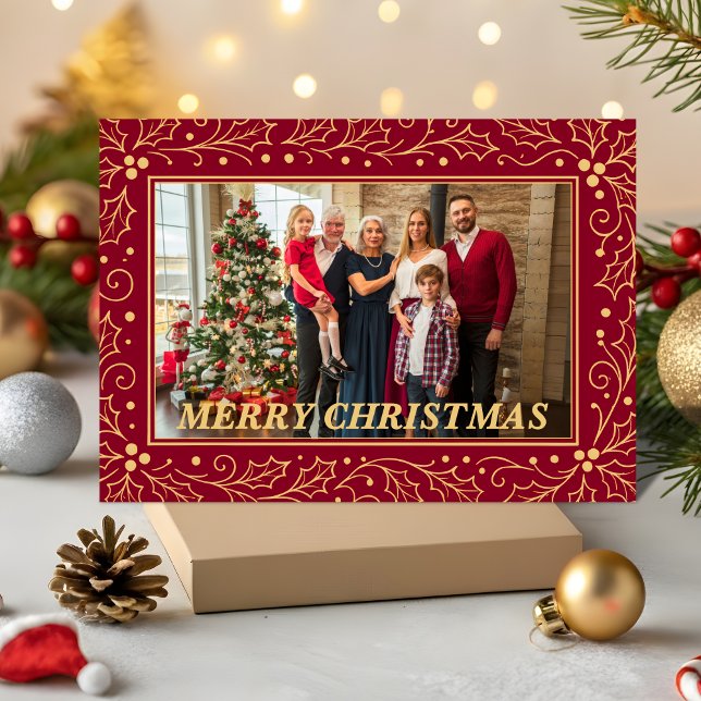 Burgundy & Antique-Gold Family Christmas Photo Julkort (Skapare uppladdad)