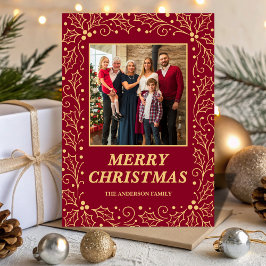 Burgundy & Antique-Gold Family Photo Christmas Julkort