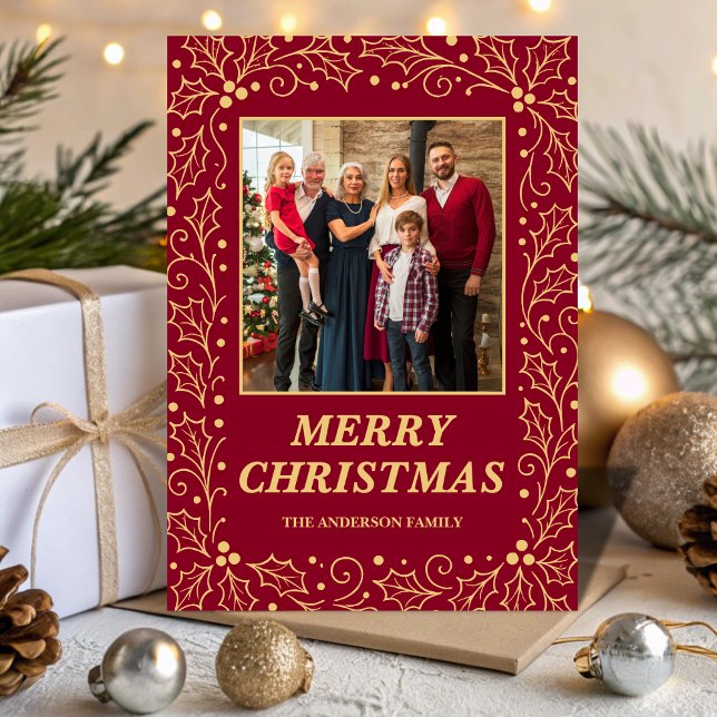 Burgundy & Antique-Gold Family Photo Christmas Julkort (Skapare uppladdad)