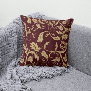 Burgundy Antique Guld Retro Löv Swirl Kudde