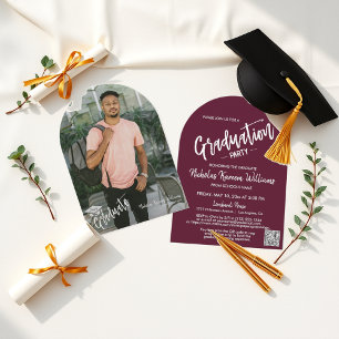 Burgundy Arch Photo QR-kod Grad Party Inbjudningar