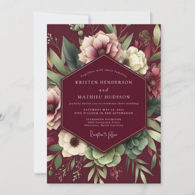 Burgundy Artistic Bloom Wedding Inbjudningar (Framsida)
