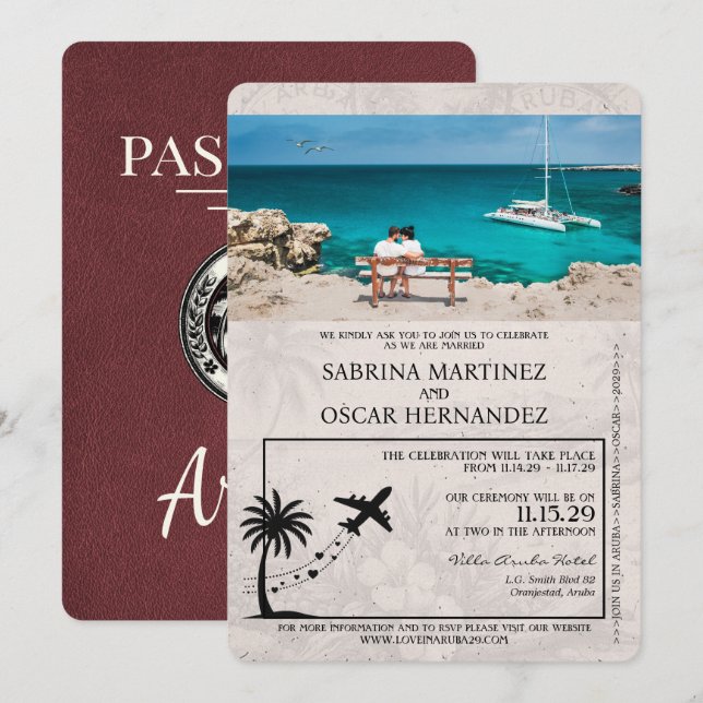 Burgundy Aruba Passport Wedding bjudande Inbjudningar (Fram/baksida)