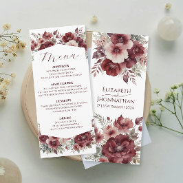 Burgundy Autumn Blommigt Watercolor Bröllop Menu Meny