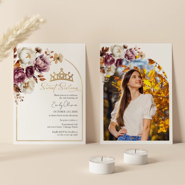 Burgundy Autumn Fall Blommigt Sweet 16 Photo Inbjudningar (Skapare uppladdad)