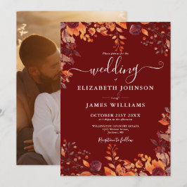 Burgundy Autumn Fall Floral Photo Wedding Inbjudningar