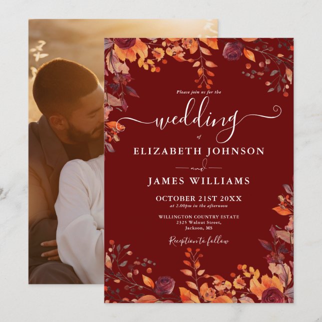 Burgundy Autumn Fall Floral Photo Wedding Inbjudningar (Fram/baksida)