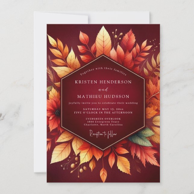 Burgundy Autumn Foliage Romance Wedding Inbjudningar (Framsida)