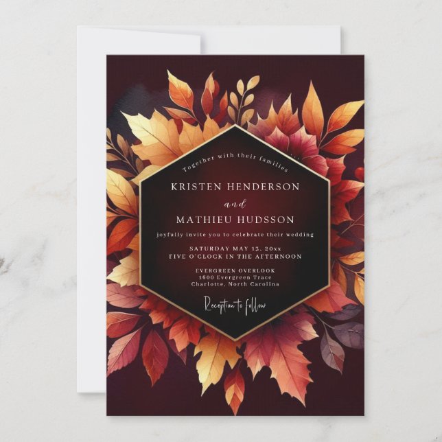 Burgundy Autumn Leaf Romance Wedding Inbjudningar (Framsida)