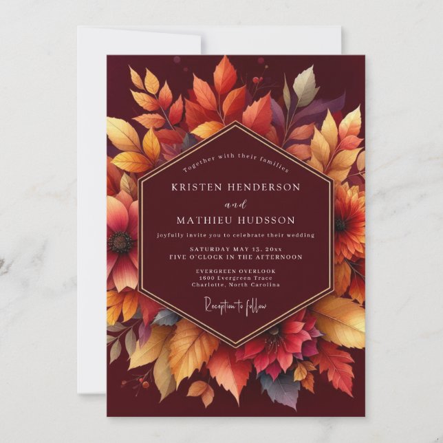 Burgundy Autumnal Floral Romance Wedding Inbjudningar (Framsida)